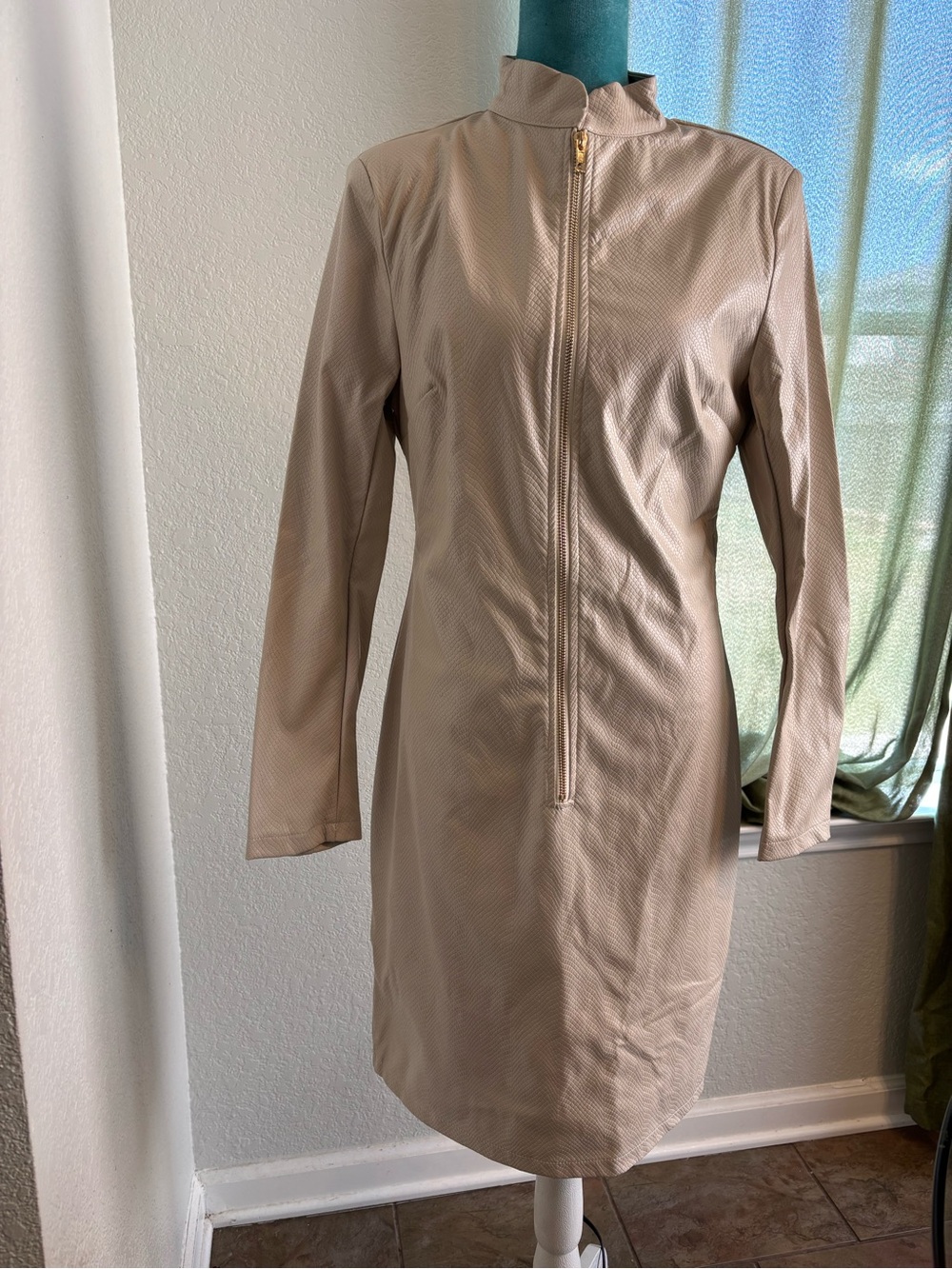 NWOT Beige Faux Vegan Leather Zip Front Dress Mock Neck Eloquent Cottagecore L